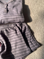 Pink Striped Long Sleeve T-shirt Shorts Set Woman Buttons Slim Tees+Elastic Straight Short Pant Cotton Home Pajama 2 Piece Sets - Matrix-studios.com