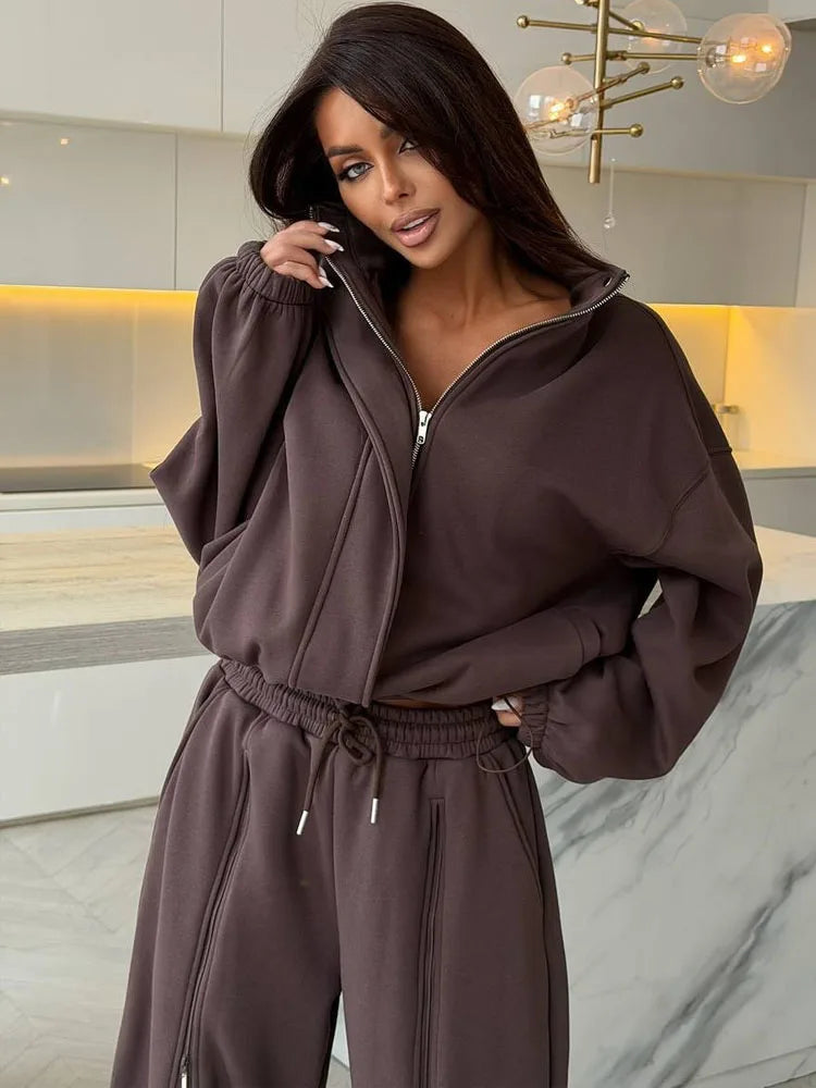 Casual Tracksuit Two Piece Set Women Stand Collar Zipper Jacket Stripe Patchwork Wide Leg Sweatpants Classic Lady Streetwear - Matrix-studios.com
