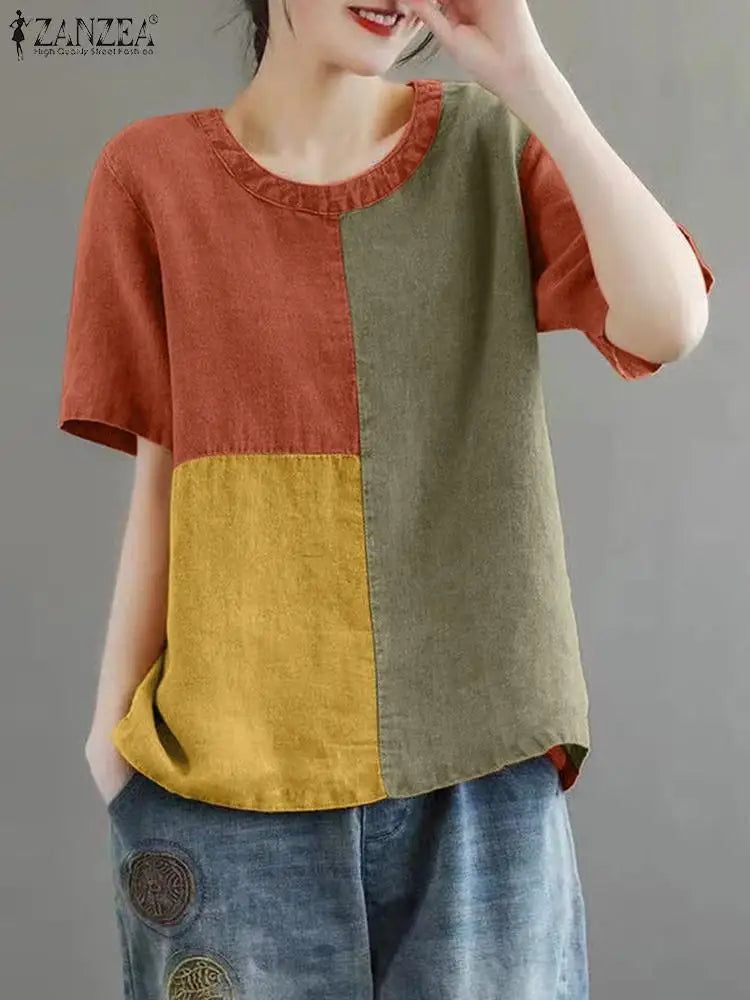 ZANZEA Women Patchwork Blouse 2024 Summer Short Sleeve Tunics Fashion Round Neck Shirts Casual Loose Holiday Cotton Linen Tops - Matrix-studios.com