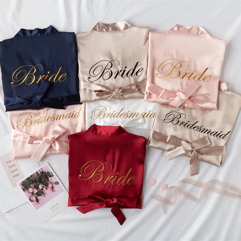 Bride Bridesmaid Wedding Robe Embroidery Kimono Bathrobe Gown Nightgown Casual Satin Short Women Sexy Nightwear Sleepwear - Matrix-studios.com