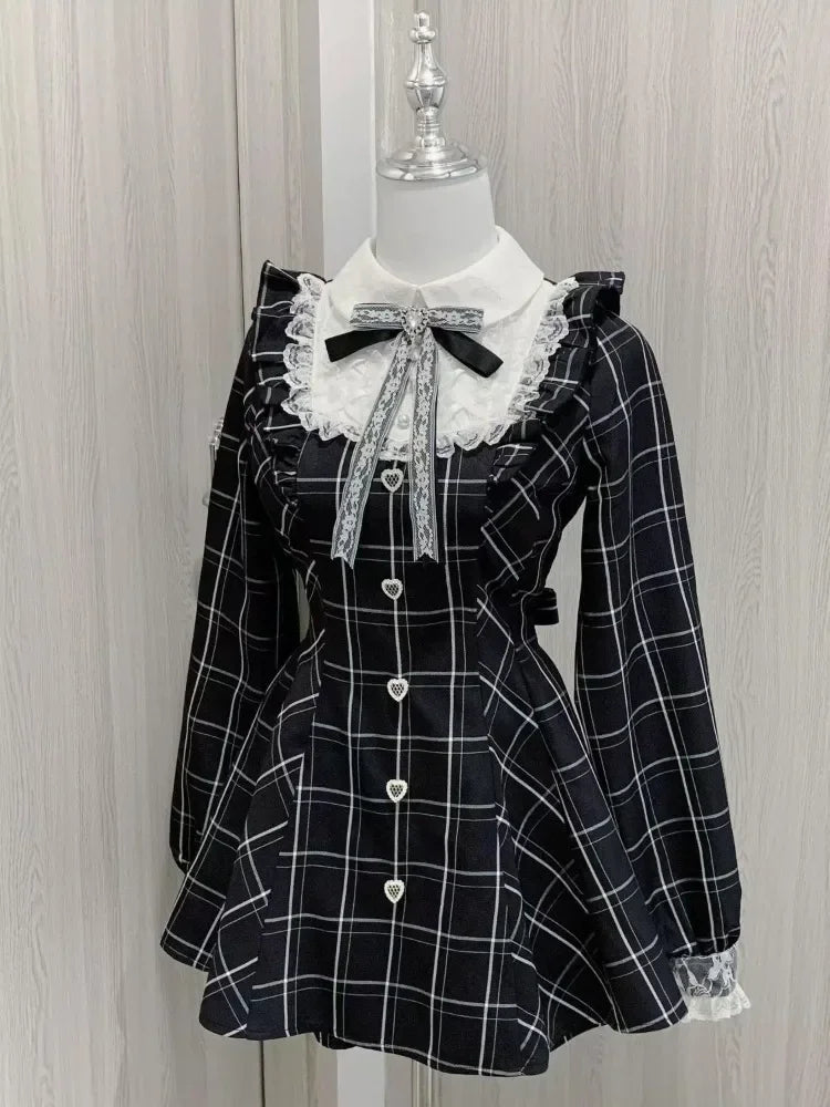 Harajuku Sweet Bow Black Plaid Dresses All-match Slim Fit Kawaii Lolita Dress for Women Autumn New Long Sleeve Vestidos De Mujer - Matrix-studios.com