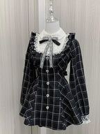 Harajuku Sweet Bow Black Plaid Dresses All-match Slim Fit Kawaii Lolita Dress for Women Autumn New Long Sleeve Vestidos De Mujer - Matrix-studios.com