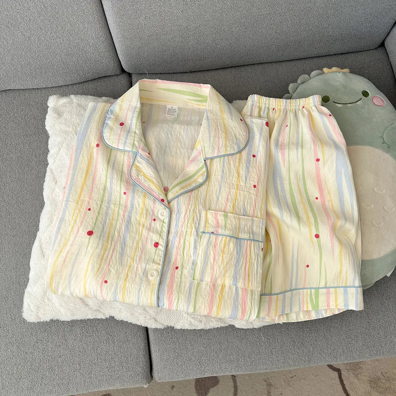 Women's sleepwear, summer short sleeved shorts, breathable and comfortable set, lapel cardigan, home clothes can be worn outside - Matrix-studios.com