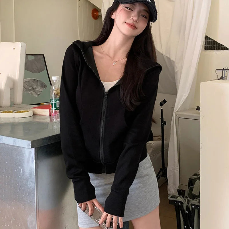 Gray Zipper Hooded Sweatshirt Women 2026 New Korean Slim Fit Cardigan Long Sleeve Coat Woman Solid Pockets Sports Hoodies Jacket - Matrix Studios