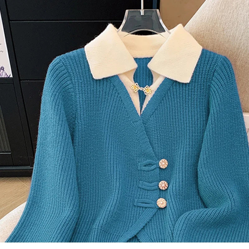New 2026 Autumn Winter Design Splicing Slim Women Knitted Cardigan Sweater Jacket Fashion Fake Two Items Loose Ladies Top - Matrix Studios