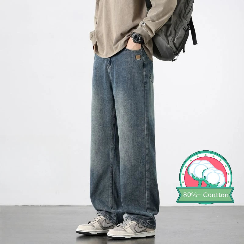 Spring Autumn New Men's Straight Vintage Fit Jeans Casual Trousers High Quality Male Korean Fashion Baggy Wide Leg Denim Pants - Matrix Studios