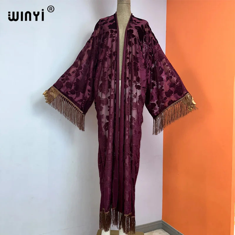 WINYI Middle East Coat Muslim Fashion Kaftan kimono maxi Robes Streetwear Open Abaya Perspective elegant dress beach cover up - Matrix Studios