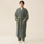 Thickened Flannel Robe Pants Pajamas Set Autumn Winter New Couple Coral Velvet Women Men Bathrobe Striped Lengthed Home Clothes - Matrix-studios.com