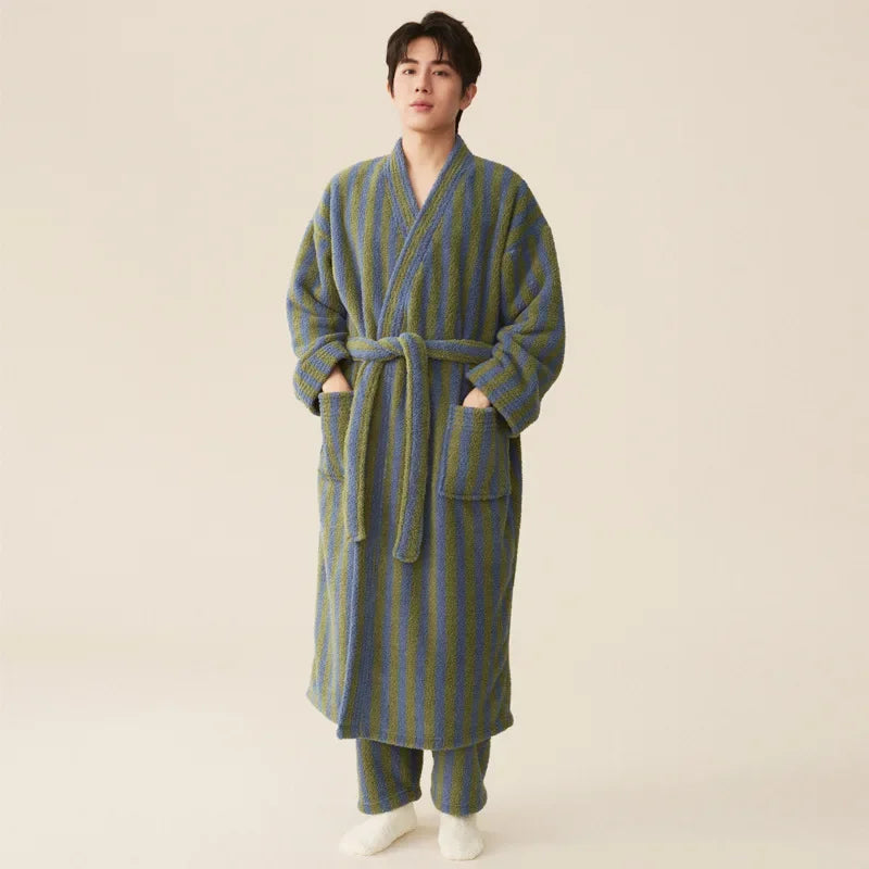 Thickened Flannel Robe Pants Pajamas Set Autumn Winter New Couple Coral Velvet Women Men Bathrobe Striped Lengthed Home Clothes - Matrix-studios.com