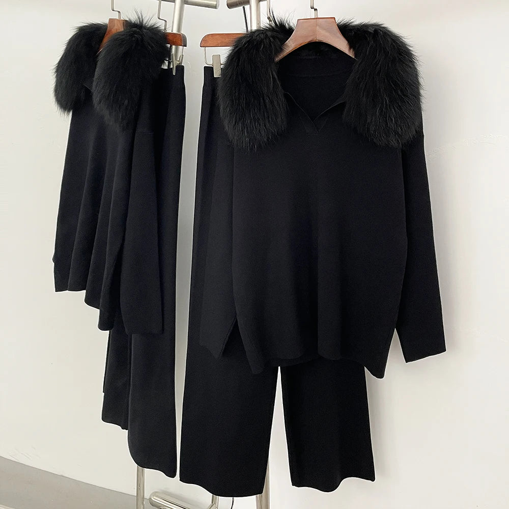 Reality Fur Jacket Pullover Set Woman Spring Knitted Suit Knitwear Female Real Fox Fur Collar Sweater Lady Autumn Knitted New - Matrix Studios