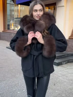 Chic Black Belted Coat Women Elegant Brown Fur - Trimmed Collar and Cuffs Middle Long Coats Lady Warm Cold - Weather Wear - Matrix Studios