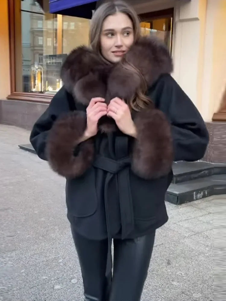 Chic Black Belted Coat Women Elegant Brown Fur - Trimmed Collar and Cuffs Middle Long Coats Lady Warm Cold - Weather Wear - Matrix Studios