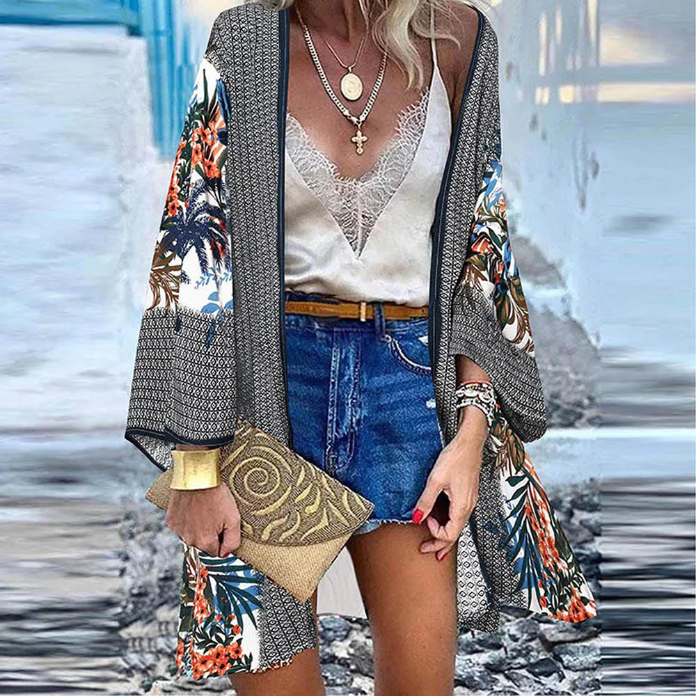 WeHello 2023 Summer Bohemian Casual Cloak Cardigan for Swimsuit woman Beach Swimwear Tops Long Sleeved Shawl Chiffon Shirt - Matrix Studios