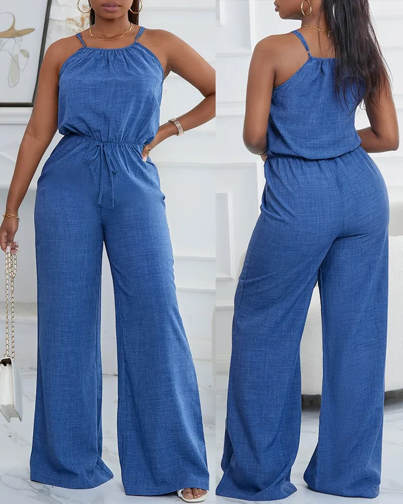 Women's Sleeveless Jumpsuit with Suspender Loose Casual Pocket Monochromatic Summer - Matrix Studios