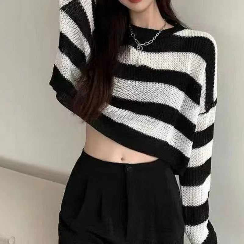 New Korean Style Striped Cropped Sweater Women Vintage Oversize Knit Jumper Female Autumn Long Sleeve O-neck Pullovers Tops - Matrix Studios