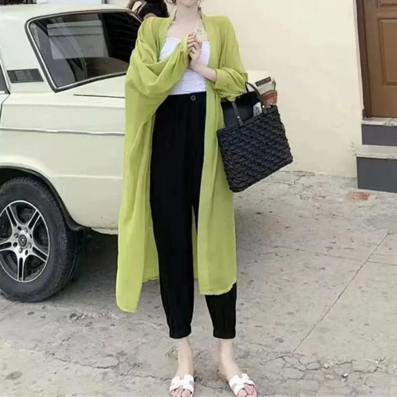 Beach Vacation Summer Women Long Cover-Ups Korean Fashion Casual New Loose Sunscreen Shawl Oversized Solid Chiffon Cardigan Tops - Matrix Studios