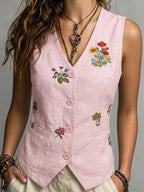 Spring Summer Autumn Linen Gilet with Unique Random Embroidery, Elegant Versatile Commuter Outer‑wear Vest - Matrix Studios