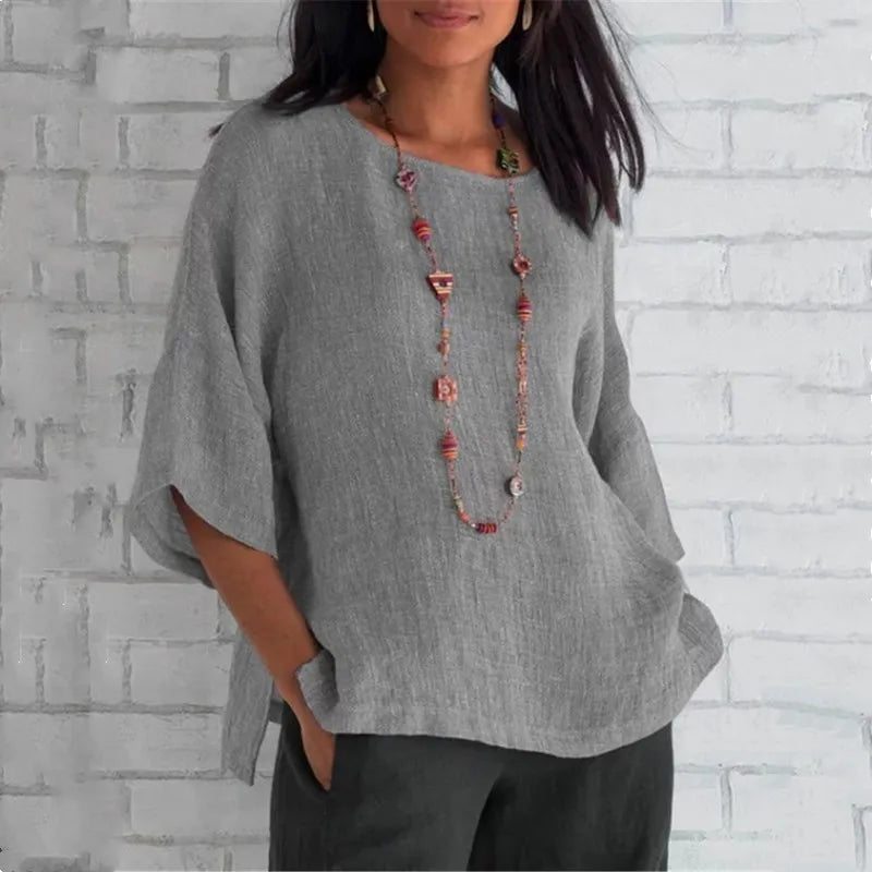 Cotton Blouse Shirts Summer O-Neck Three Quarter Loose Casual Blouse Tops Summer Cothes For Women Streetwear - Matrix-studios.com
