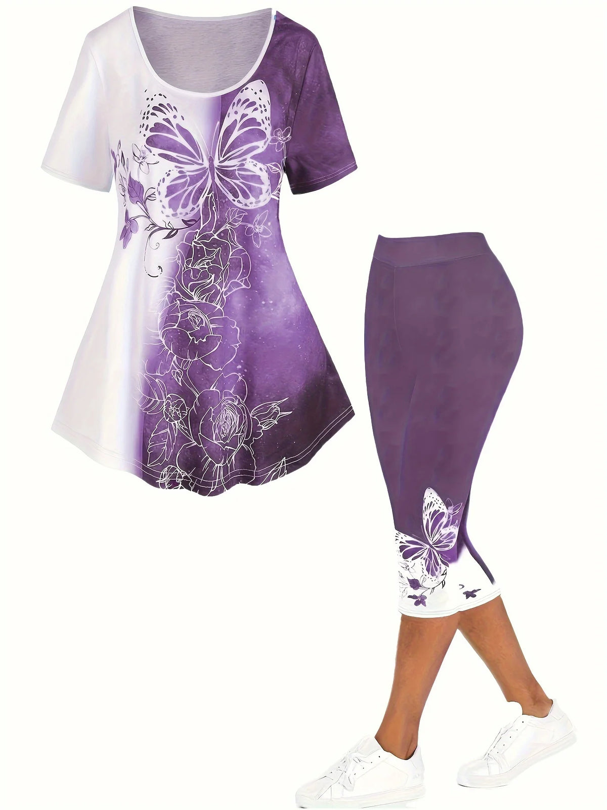 Plus Size Matching Sets Summer Female Large Size Blue Butterfly Print Color T-Shirt Short Sleeve Print Pants Casual Two-Piece Se - Matrix-studios.com