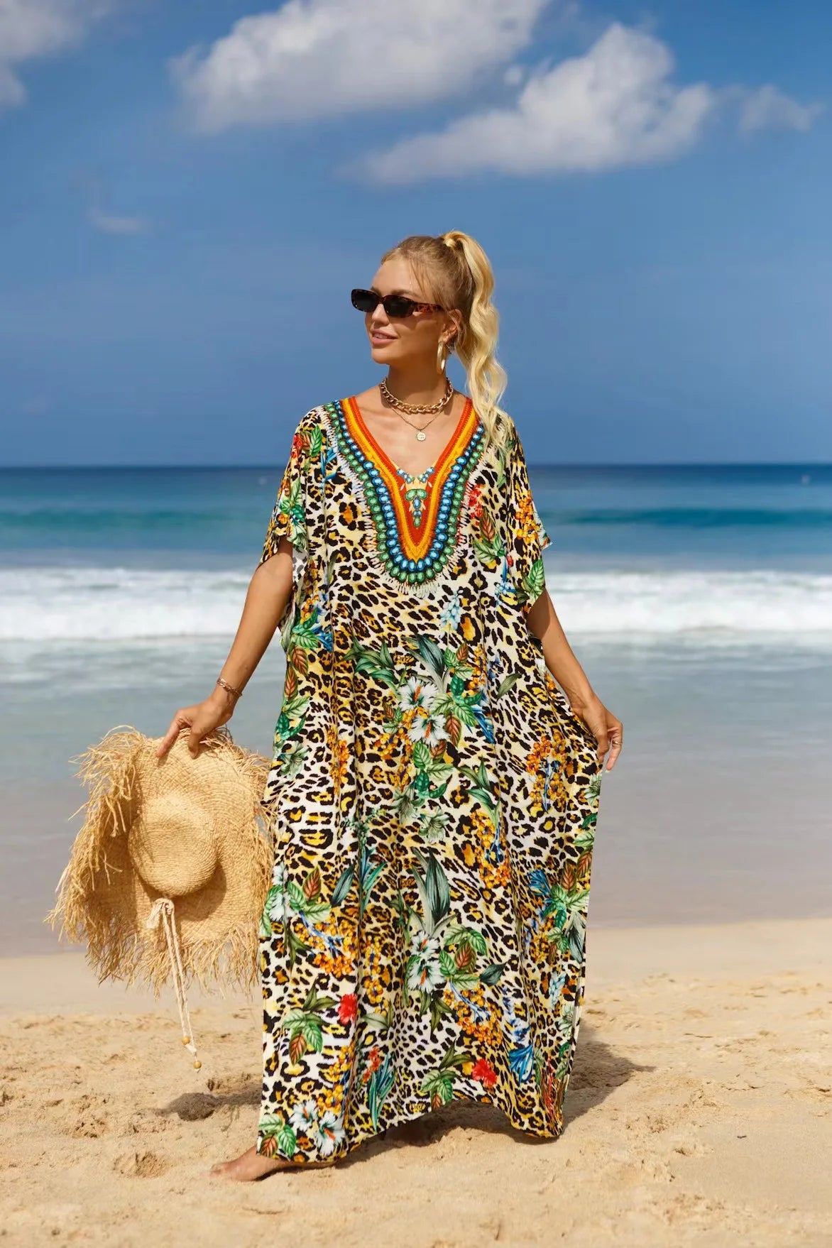 Kaftan Dresses Tropical Printed Cover Ups for Swimwear Women Elegant Maxi Robe Holiday Bathing Suits Dropshipping Hot Sales - Matrix Studios
