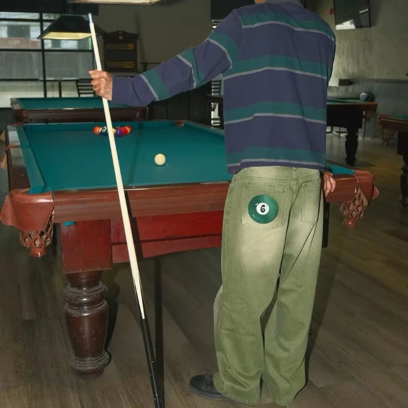 Y2K Street Matcha Denim Jeans Pocket Green 6 Ball Embroidery Denim Pants London High Street Trend Streetwear Unisex Baggy Jeans - Matrix Studios