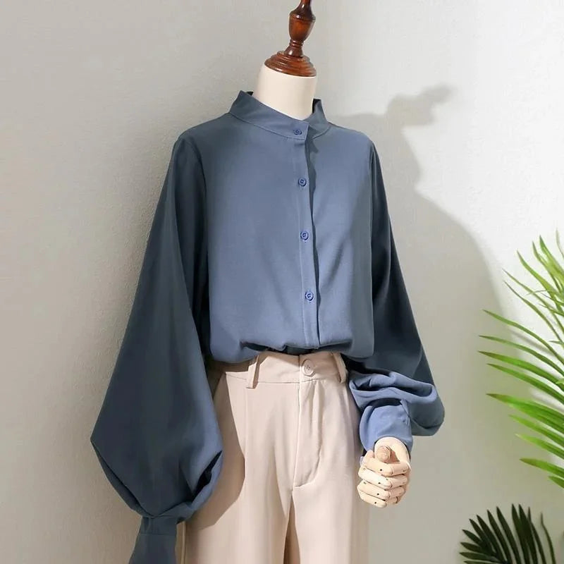 Woman Spring Autumn Style Blouses Shirt Lady Long Lantern Sleeve Stand Collar Loose Blusas Tops - Matrix-studios.com