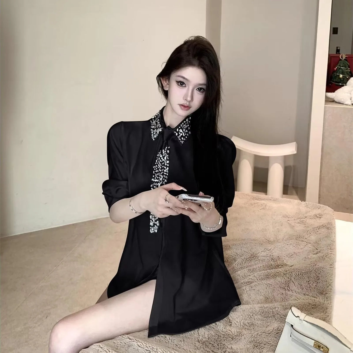 2025 Women's White Shirt New Spring Autumn Crystal Beading With Necktie Chiffon Shirt Female Blouses Ladies Tops Women Clothing - Matrix-studios.com