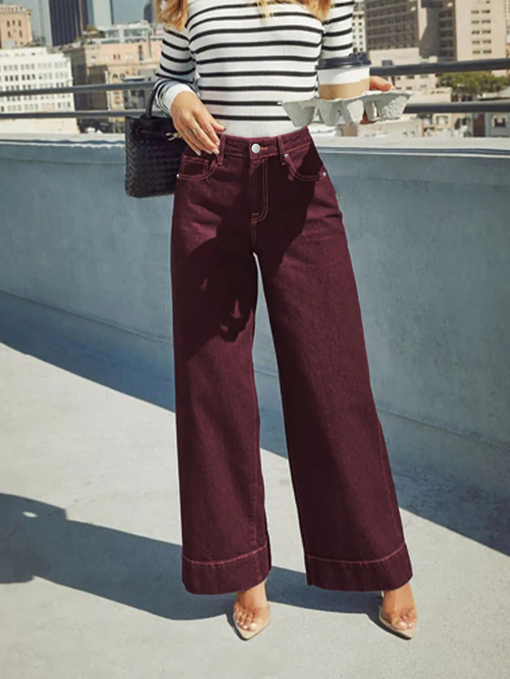 Burgundy women's high waist wide leg jeans stretch denim button placket washed jeans casual outing versatile style - Matrix-studios.com