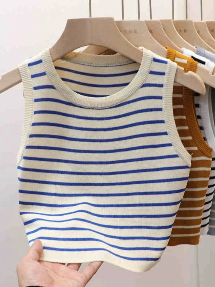 2026 Spring Summer New Sleeveless Ice Silk Knit Tank Top Striped O-Neck Women's Camisole Slim Fit Versatile Sexy Crop Tops - Matrix-studios.com