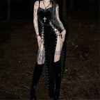 Goth Dark Punk Grunge High Split Hem Straps Dess 90s Streetwear Gown Women Sexy Corn Bandage Velvet Dresses Mall Gothic Clothing - Matrix-studios.com