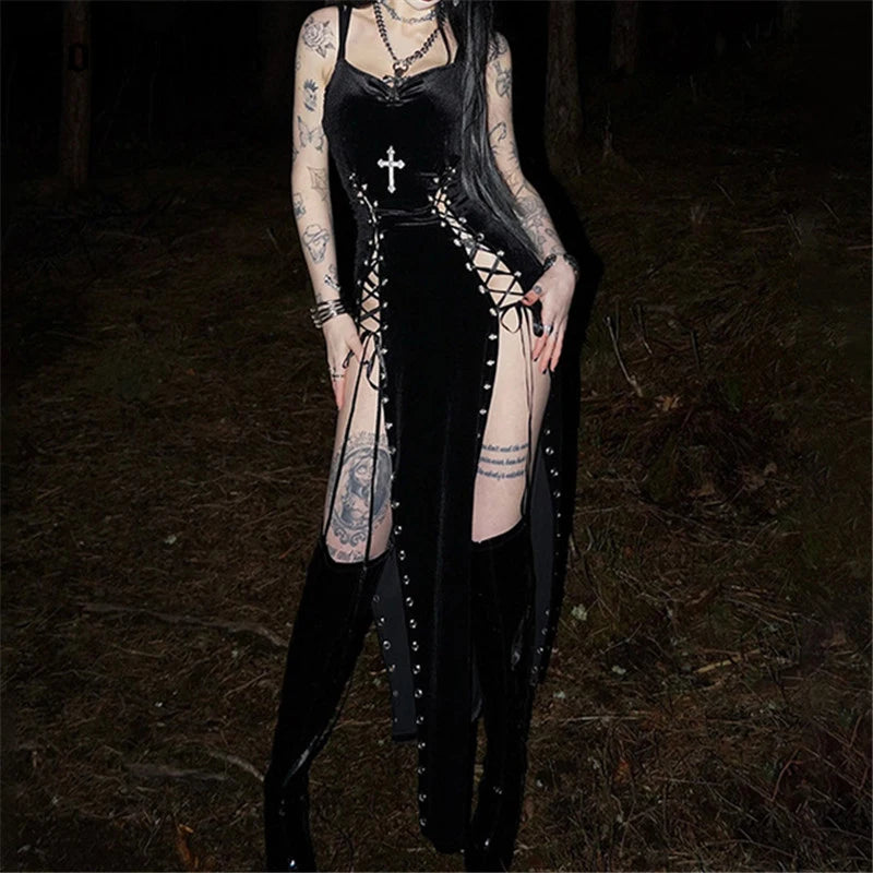 Goth Dark Punk Grunge High Split Hem Straps Dess 90s Streetwear Gown Women Sexy Corn Bandage Velvet Dresses Mall Gothic Clothing - Matrix-studios.com