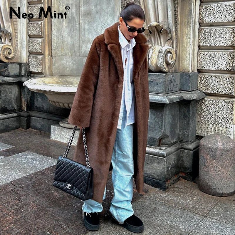 Neo Mint 2024 Winter Luxury Faux Mink Fur Coat Women Iconic Brand Long Outerwear Jacket Crystal Hooks Street Style Warm Overcoat - Matrix Studios