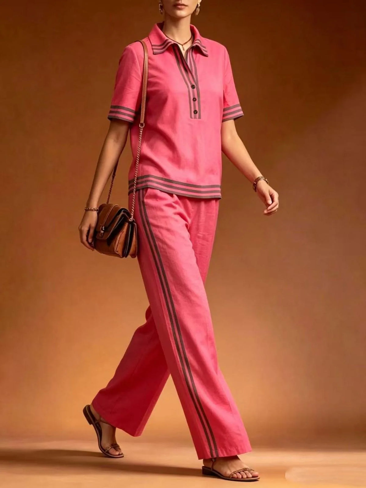 Women 2 Piece Linen Set Lapel Collar Half Button Short Sleeve High Waist Split Elegant Casual Loose Summer Wide Leg Long Pants - Matrix-studios.com