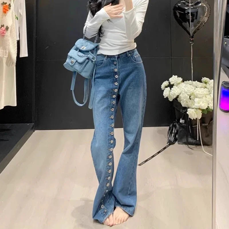 American high street breasted design straight jeans women's autumn and winter new high waist design fashion loose slim pants. - Matrix-studios.com