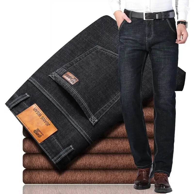 2025 New business casual Trousers Grey Fleece Men Clothes Black Elasticity Warm Winter Jeans Velvet Jeans - Matrix Studios
