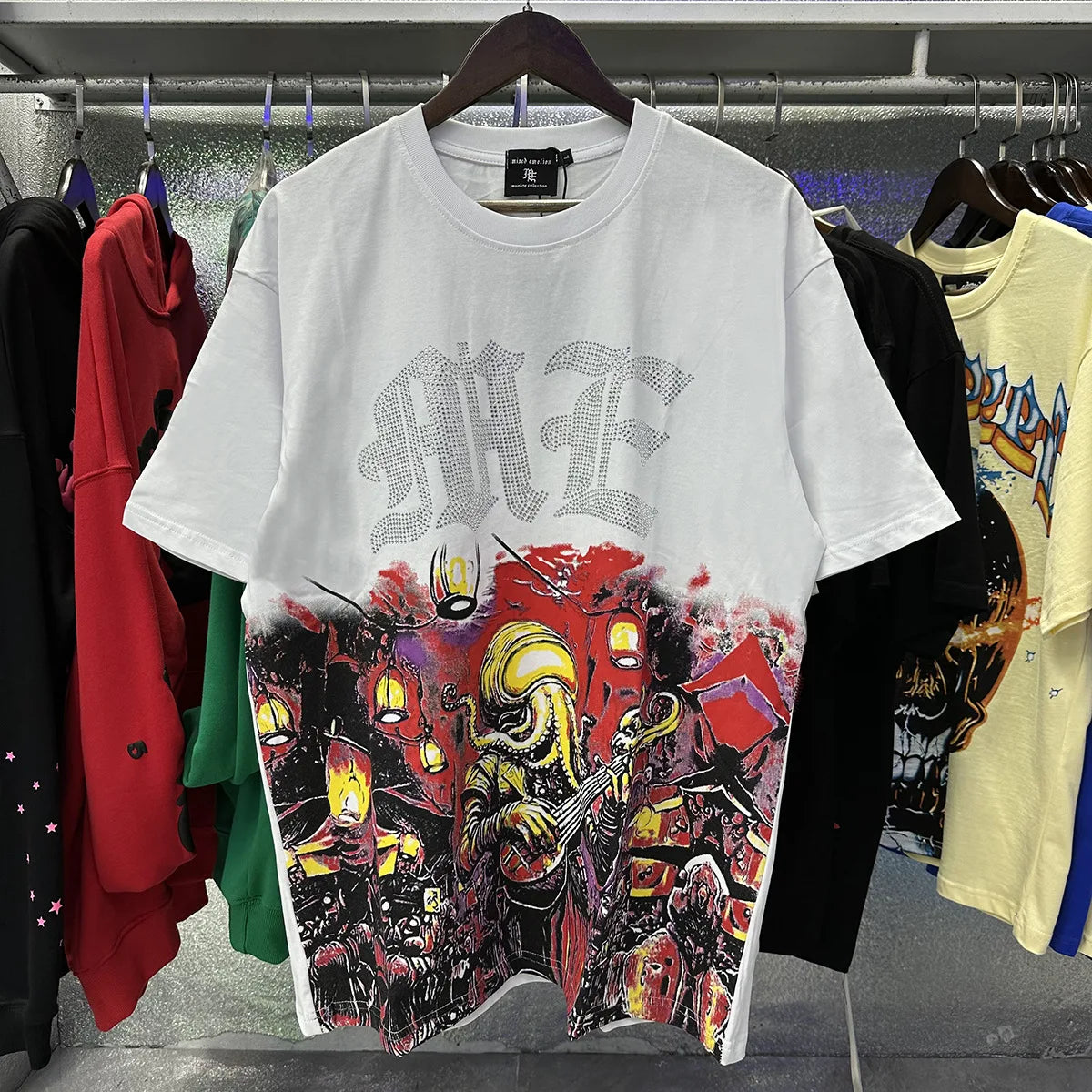 MIXED EMOTION Shirt Rhinestone Short Sleeve Men Women T-shirt Streetwear 100% Cotton Loose Round Neck Top Tees Oversized Tee Top - Matrix Studios