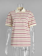 Sumuyoo Women's Retro Striped Polo T-Shirt Loose Fit Short Sleeve Casual Knitted Shirt Fashionable Summer Top for Ladies - Matrix-studios.com