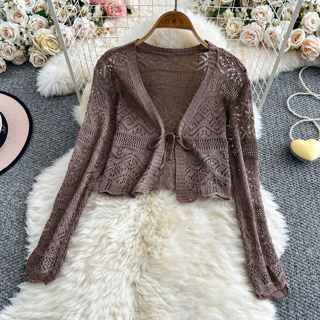 Women Tie Front Crop Cardigan Sheer Openwork Crochet Knit Top Lightweight Bolero Sweater Summer Fairycore Boho Chic Beach Outfit - Matrix Studios