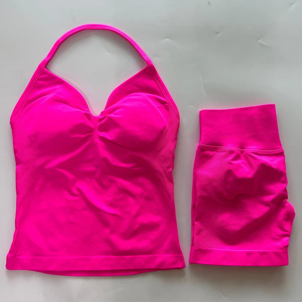 No Logo 2Pcs Gym Set Women Backless Tank Tops High Waist Scrunch Seamless Shorts Gym Suit Fitness Clothes Activewear Workout Set - Matrix-studios.com