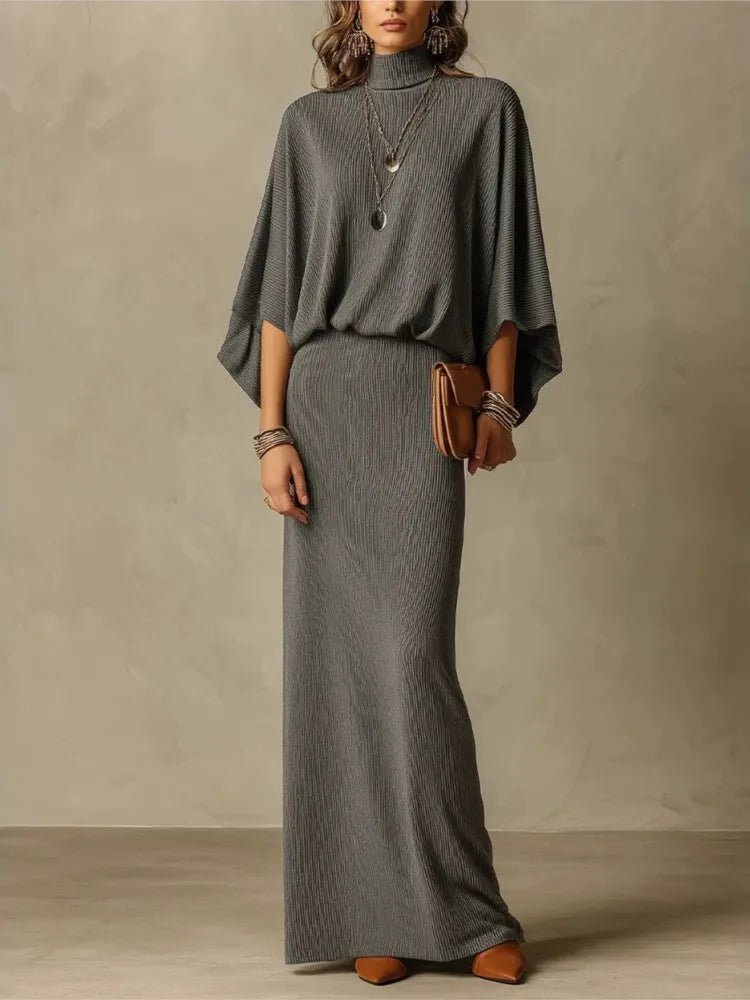 Autumn Winter New Fashion High Collar Bat Sleeve Skirt 2piece Set Women Casual Knitted Pit Strip Elegant Slim Hip Hip Skirt Suit - Matrix-studios.com