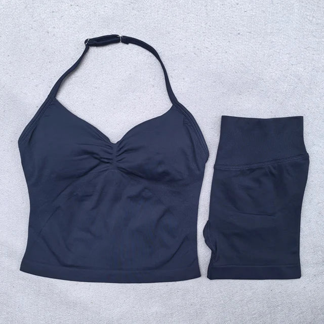 2 Pieces Yoga Set Women Backless Halter Tops High Waist Seamless Shorts Gym Suit Fitness Clothes Sportswear Workout Sets - Matrix-studios.com