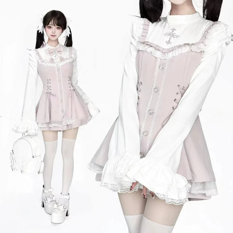 Y2k Aesthetic Lolita Style Bow Dress Shorts Set Japanese Women Gothic Lace Flare Sleeve Button Shirt Dress Punk Party Mini Dress - Matrix-studios.com