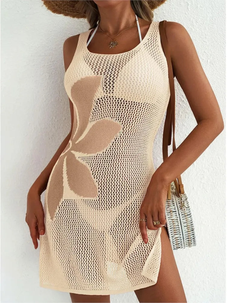 Sexy Women Knit Beach Dress Hollow-Out O-Neck Sleeveless Bikini Cover-Ups Dress Holiday Dress 2026 Summer Swimwear Beach - Matrix Studios