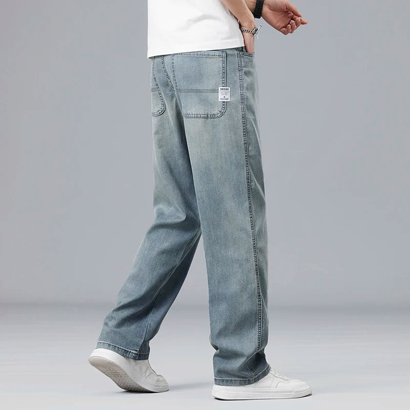 Summer Ultra-thin Lyocell Men's Jeans Drape Soft Fabric Loose Straight Casual Denim Pants Elastic Ice Silk Male Trousers - Matrix Studios