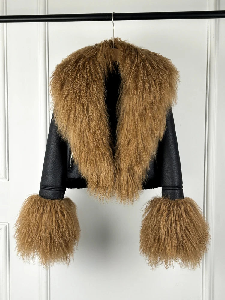 Janveny 2026 Winter Warm Faux Leather Sheepskin Coat Women Large Real Wool Fur Collar Zipper Slim Biker Pu Leather Short Jacket - Matrix Studios