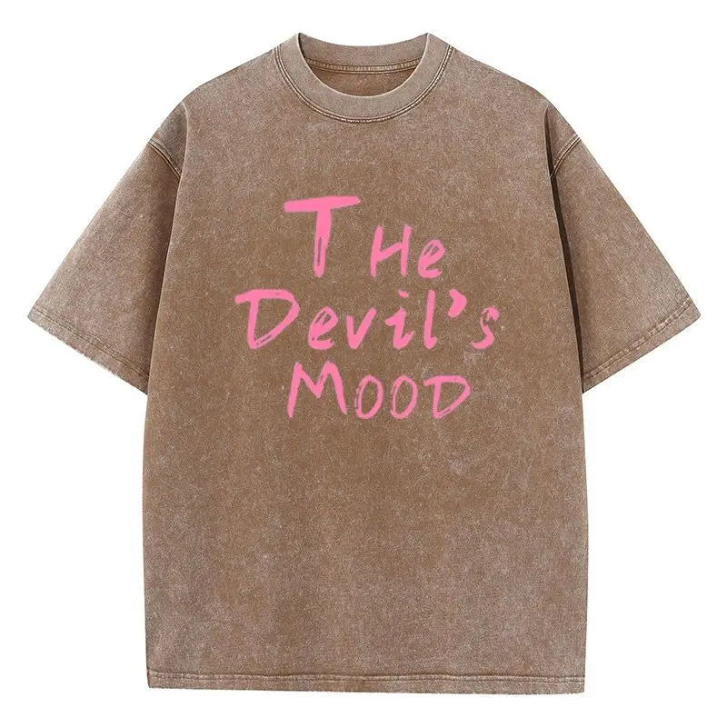 Fashion Womans Cotton Washed T-shirts The Devil's Moon Letter Prints Tops Casual O-Neck Oversize Tees Street Female Clothes - Matrix-studios.com