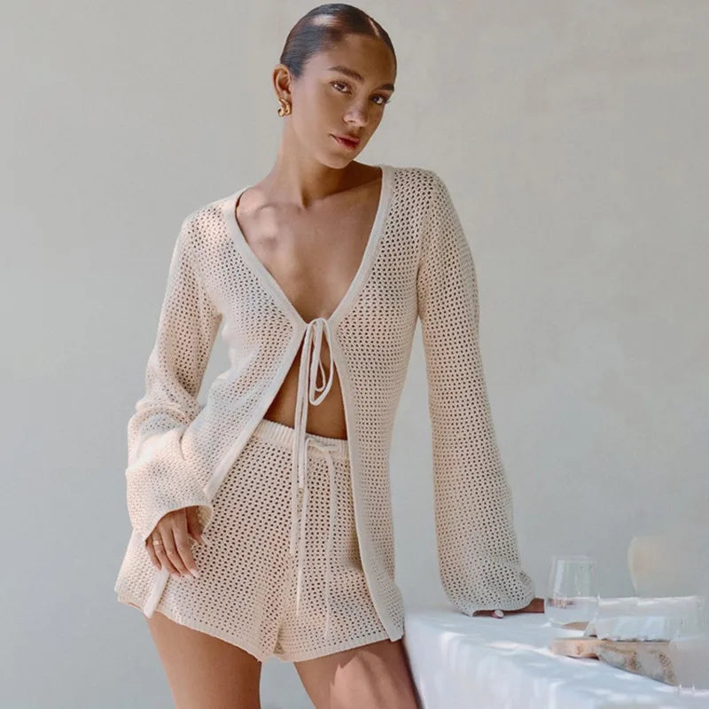 2026 Women Beach 2 Piece Sets Bikini Cover-Ups Swimsuit Tops And High Waist Shorts Sexy Ladies Swimming Cover Up Bathing Suit - Matrix Studios