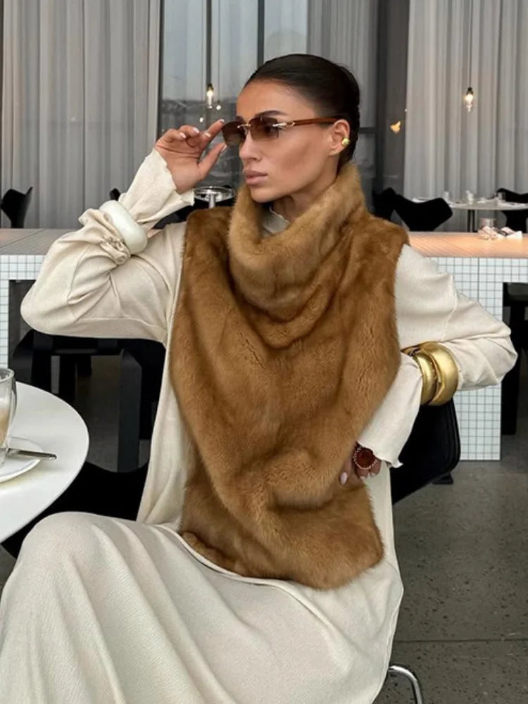 Women Solid Faux Fur Vest Crop Top Fashion Turtleneck Fluffy Short Tank Tops 2025 Winter Female Elegant Sleeveless Jacket Coat - Matrix Studios