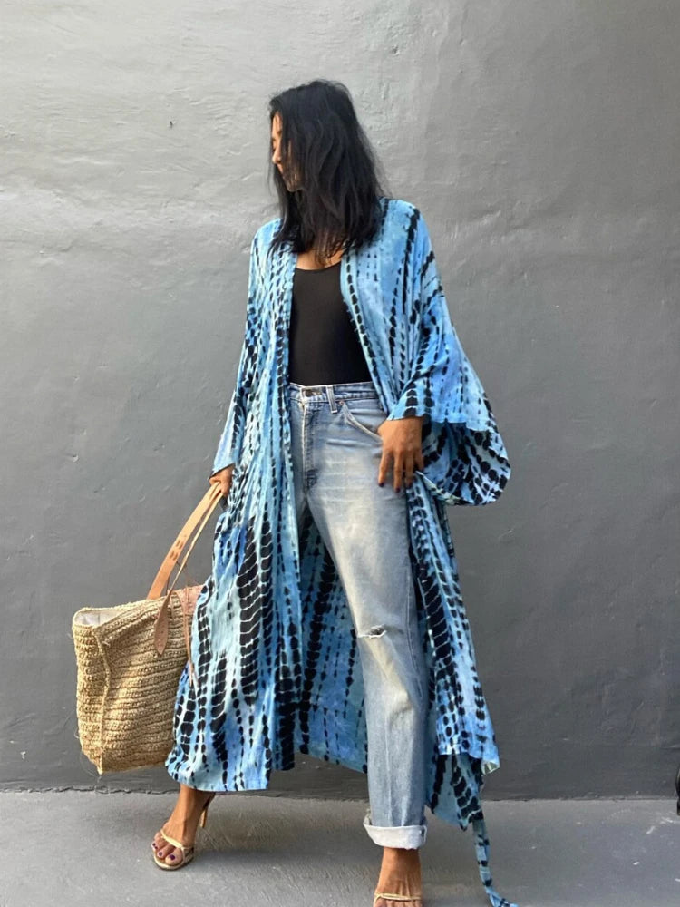 Bikini Cover Up Tie Dye Printed Women Long Beach Kimono Swimsuit Cape 2022 New Summer Beachwear Self Belted Bathing Suit - Matrix Studios