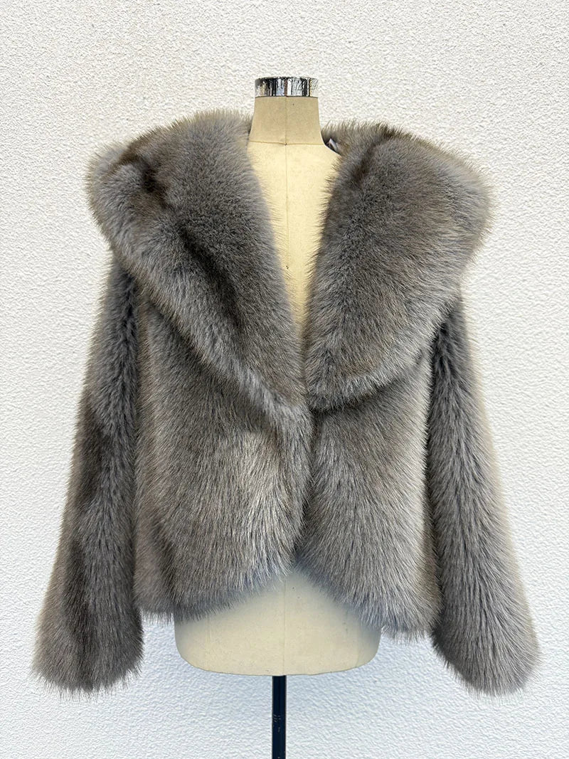 2026 Autumn Winter Women Faux Fur Short Coats Solid Hooded Jackets Long Sleeves Covered Button Thick Office Lady OVERCOAT - Matrix Studios